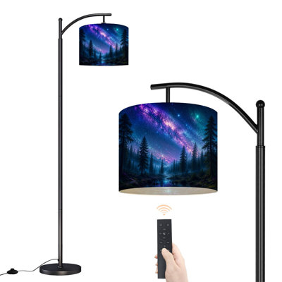  Arc Floor Lamp Mystical Forest Under Starry Galaxy Sky Illuminated Trees Tall Modern Standing Lamp LED Adjustable Linen Lampshade 3 Color Temperatures