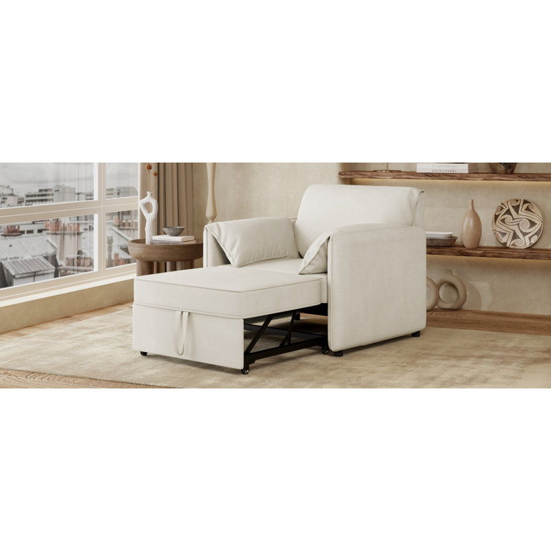 Convertible Pull Out Sleeper Chair with Adjustable Backrest with Thicked Cushions, Lin blanc