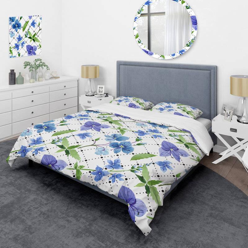 Fleurs bleues et feuille verte - ensemble de housse de couette floral - microfibre de polyester