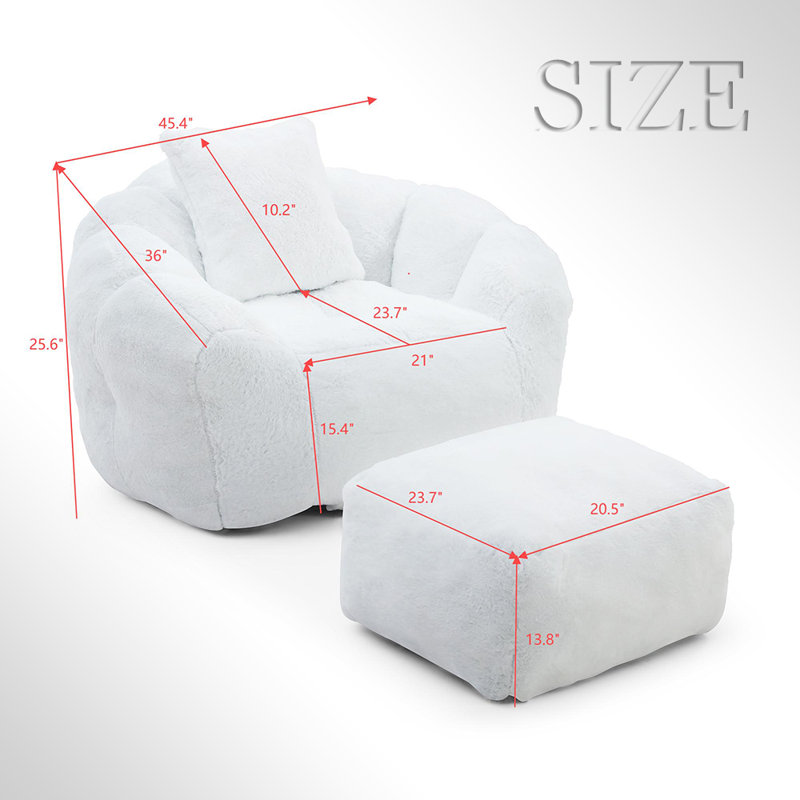 Oversized Bean Bag Chair with Footstool,Shell-Inspired Lounge Seat for Bedroom, Dorm, or Gaming, White Faux Fur