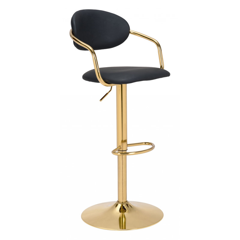Upholstered Adjustable Height Counter Stool with Metal Frame, Gold, Black