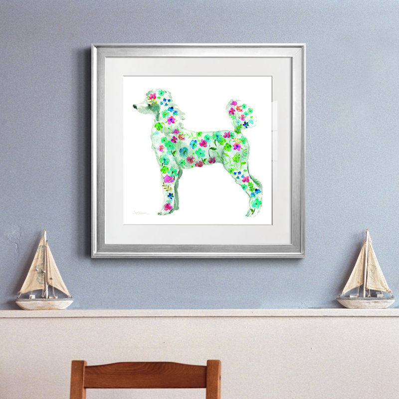Tapisserie caniche - peinture encadrée, Papier avec cadre argenté, H 17,5 po x l 17,5 po x P 1,5 po