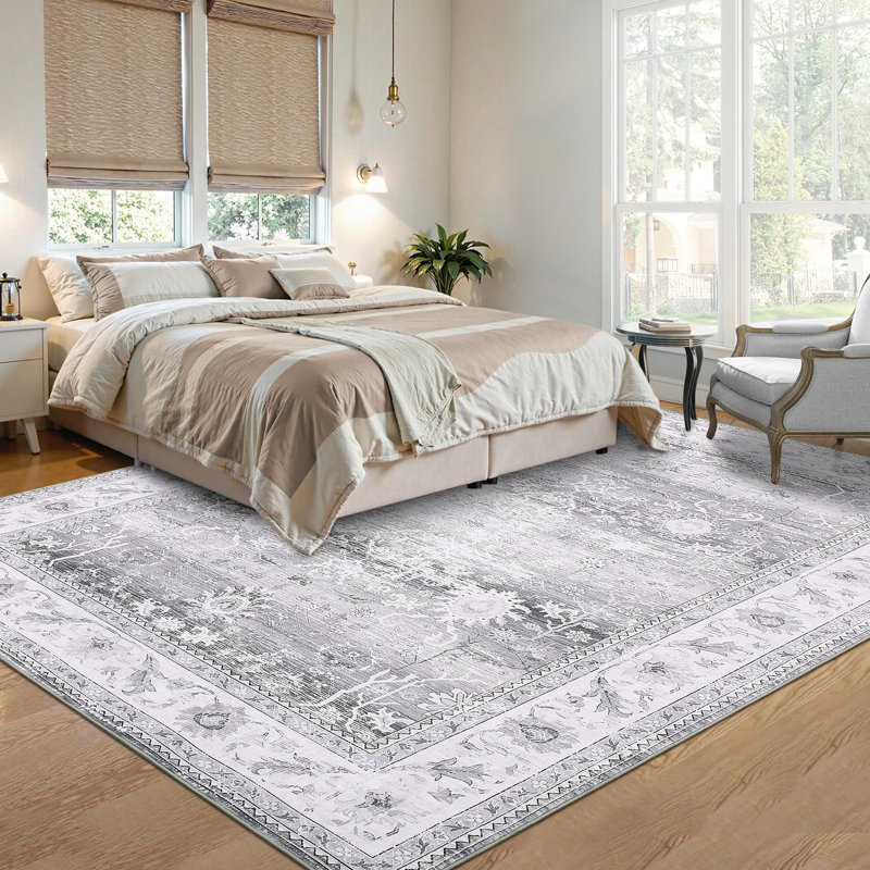 Modern Floral Machine Washable Rug for Living Room Stain Resistant Ultra Soft Low Pile Floor Cover Foldable Lightweight Non Slip Carpet for Bedroom, Dining Room
