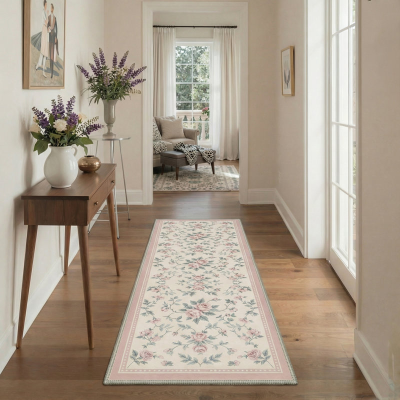 Roselyn Floral Machine Washable Pink / Green / Beige Indoor Area Rug with Non-Slip Backing, Runner 2'3" x 6'