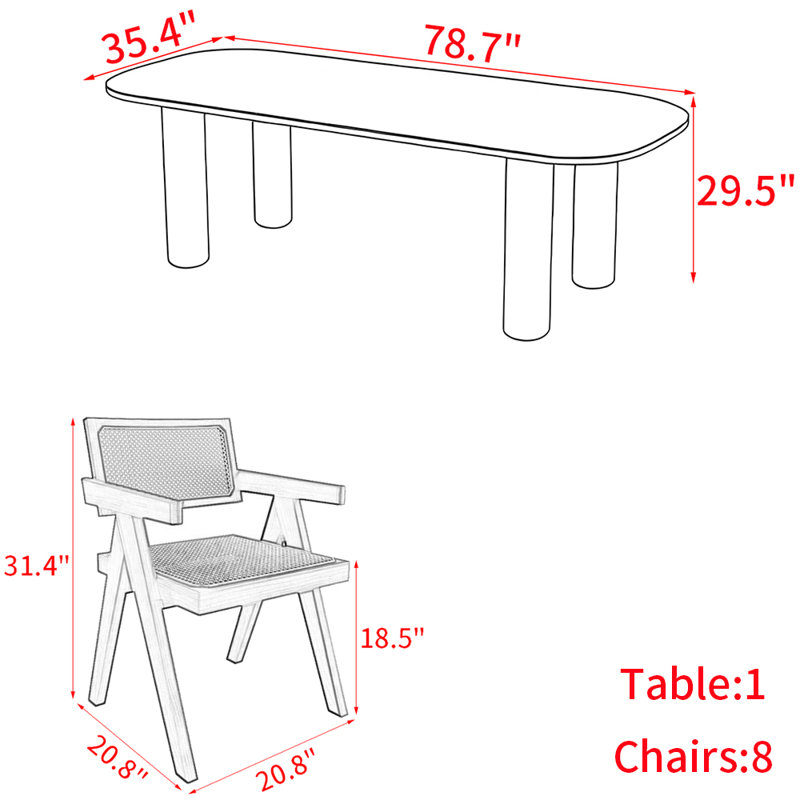 Ensemble de table de salle à manger en bois massif de style français, H 29,5 po x L 78,7 po x l 35,4 po