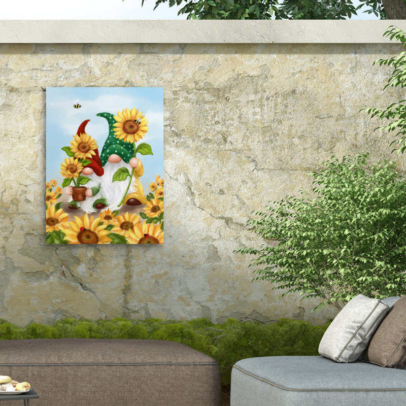 Jean Jean Deux gnomes avec toile tournesols, H 18 po x l 24 po