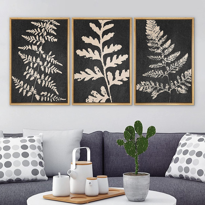 Forêt, fougère, plante, silhouette, nature sauvage, illustrations - ensemble de 3 peintures sur toile, Brun