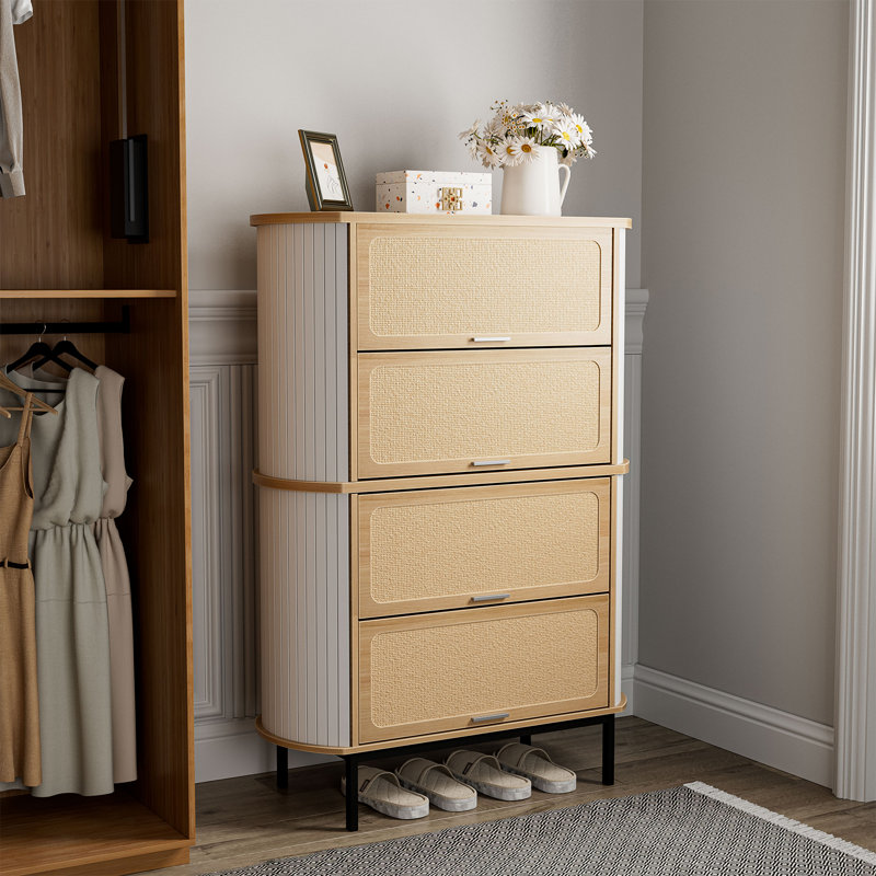 Armoire de rangement pour chaussures Natural Rattan, Blanc / bois de chêne