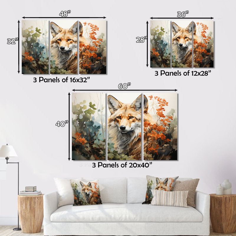 Fox Wilderness Observer, impression géométrique sur toile 3 pièces, H 28 po x l 36 po x P 1 po
