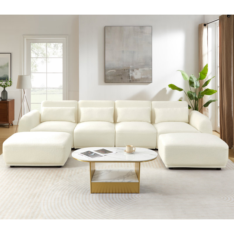 Modular Teddy Velvet Sectional Sofa – Cozy, Flexible 3 Seaters And Ottoman For Any Space, White Teddy