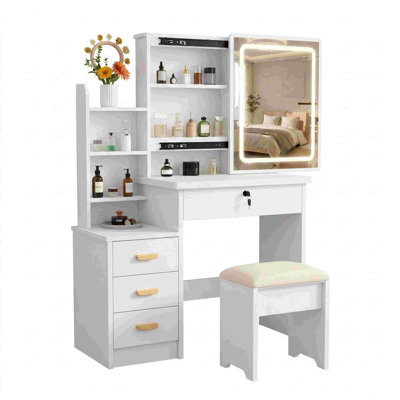 Vanity Desk with Sliding Mirror and Lights, Makeup Vanity Set with 4 Drawers, Stool, Open Shelves, 3 Color Adjustable Lighting Modes, Makeup Dressing Table for Bedroom