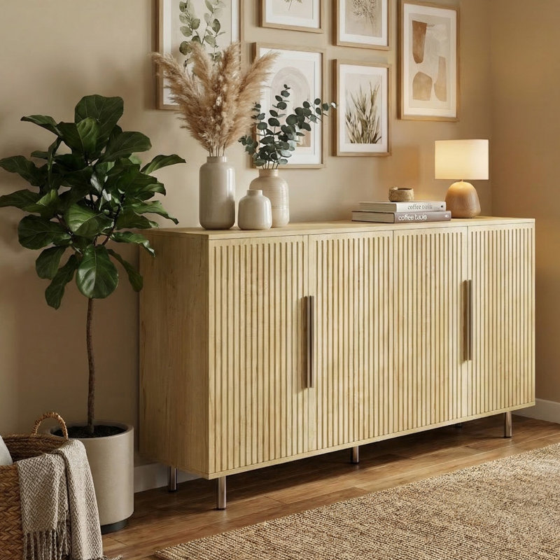 57" Wood Sideboard Console Table Entryway Table with Cabinets, Oak Wood