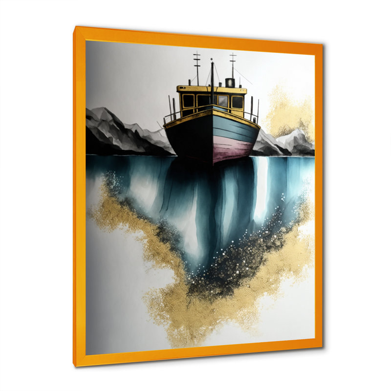 " Green Modern Fishing Boat ", Gold Picture Framed, 32" H x 24" W x 1" D