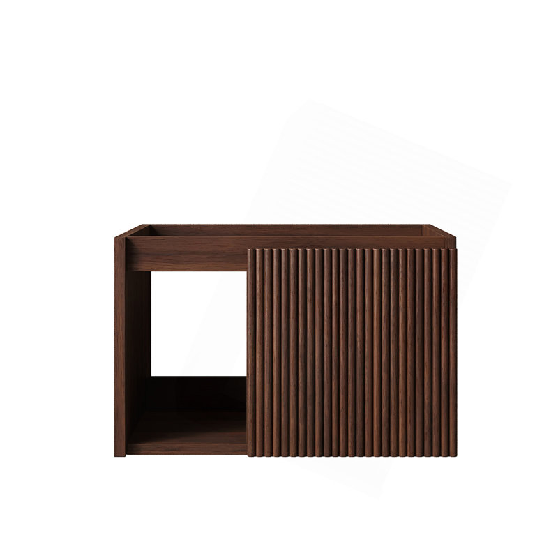 Meuble suspendu de 61 cm (24 po) avec une porte rayée et une tablette ouverte, sans lavabo ni comptoir, sans robinet ni couvercle d'évier.