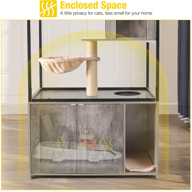 Gray Wooden 3-Story Cat Condo with Litter Box Enclosure