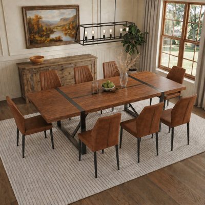 Ensemble de salle à manger Farmhouse Industrial, table rectangulaire de 86,6 po et chaises en similicuir festonné