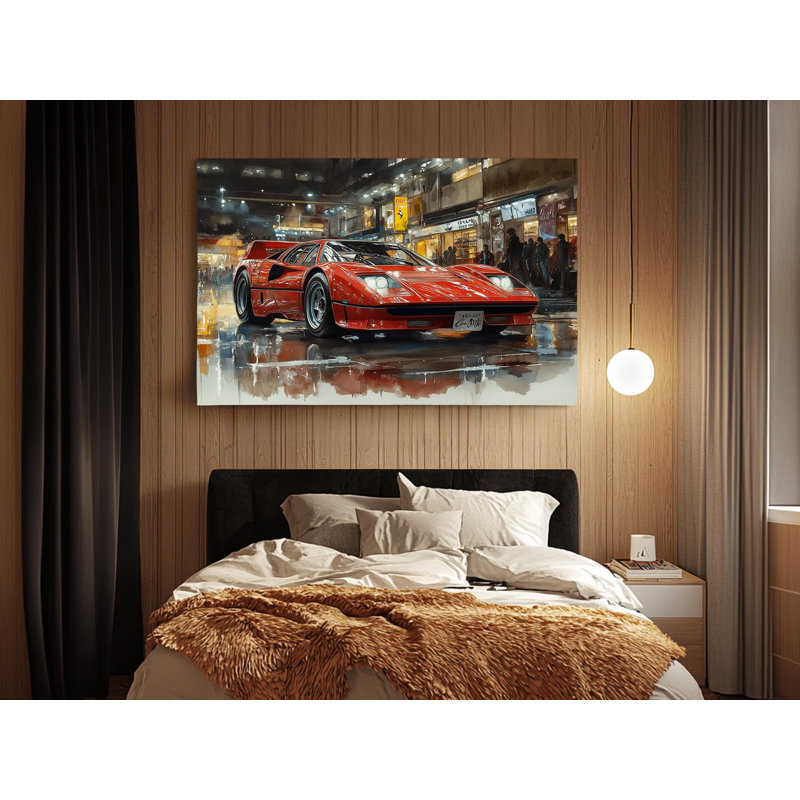 Reproduction d'art dynamique rouge sur toile «Giant Night City» pour les amateurs de voitures - prêt à accrocher ou à rouler, reproduction d'art