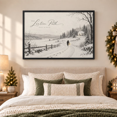 Toile enneigée menant à une église avec une personne tenant une toile de Noël, art mural