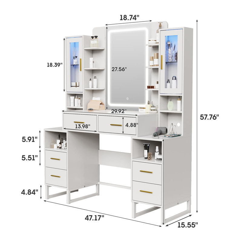 Large Makeup Vanity Desk With 2 Rgb Cabinets And Power Outlet