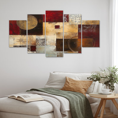 Golden Moon Cubist Abstract Faded Red - Art géométrique sur toile 5 pièces