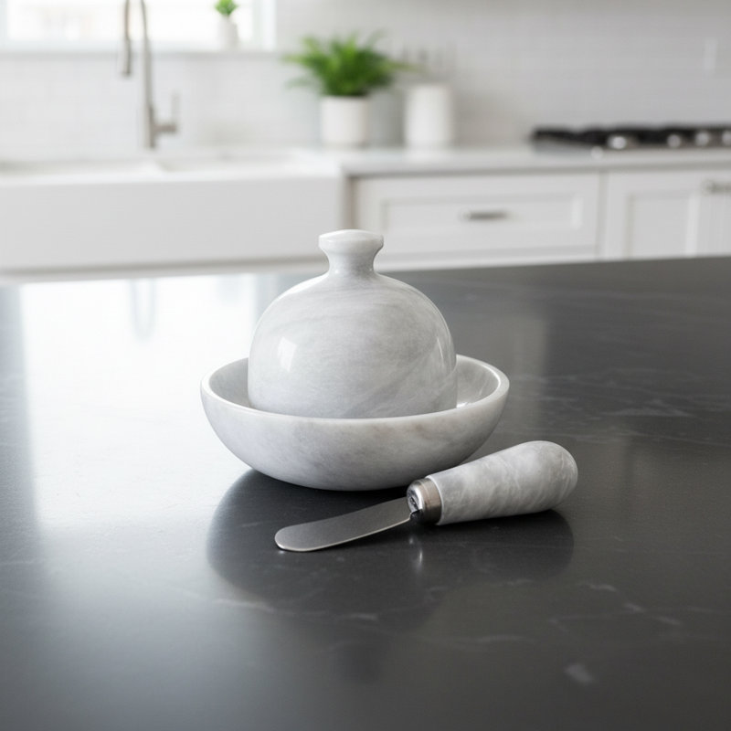 Artisan Marble Butter Keeper Set – Handmade Butter Dish with Lid and Knife – Keeps Butter Fresh, Soft and Easy to Spread – Elegant Kitchen and Tabletop Decor