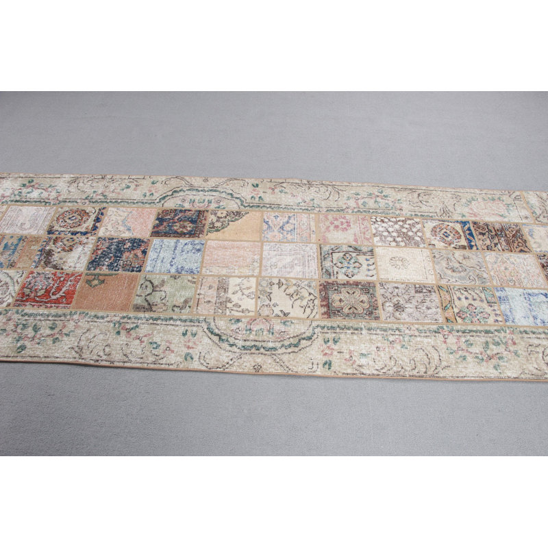 Tapis de couloir beige à motif patchwork turc beige