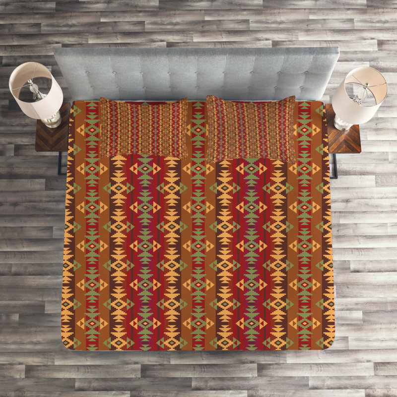 Geometric Shapes Coverlet, Red/Brown/Orange Geometric Shapes, King Bedspread + 2 Standard Shams