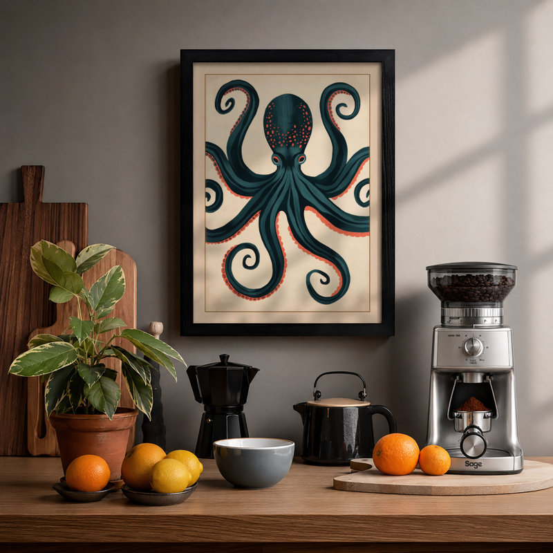 Geometric Octopus Coastal - Framed Print, A2 - 59.4 x 42.0 cm, Black