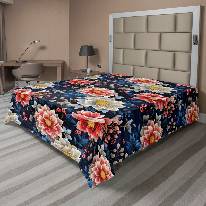 Floral Flat Sheet, Dark Coral and Earth Yellow