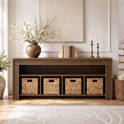 63" Console Table with 4 Woven Basktes, Narrow Long Entryway Table with Storage