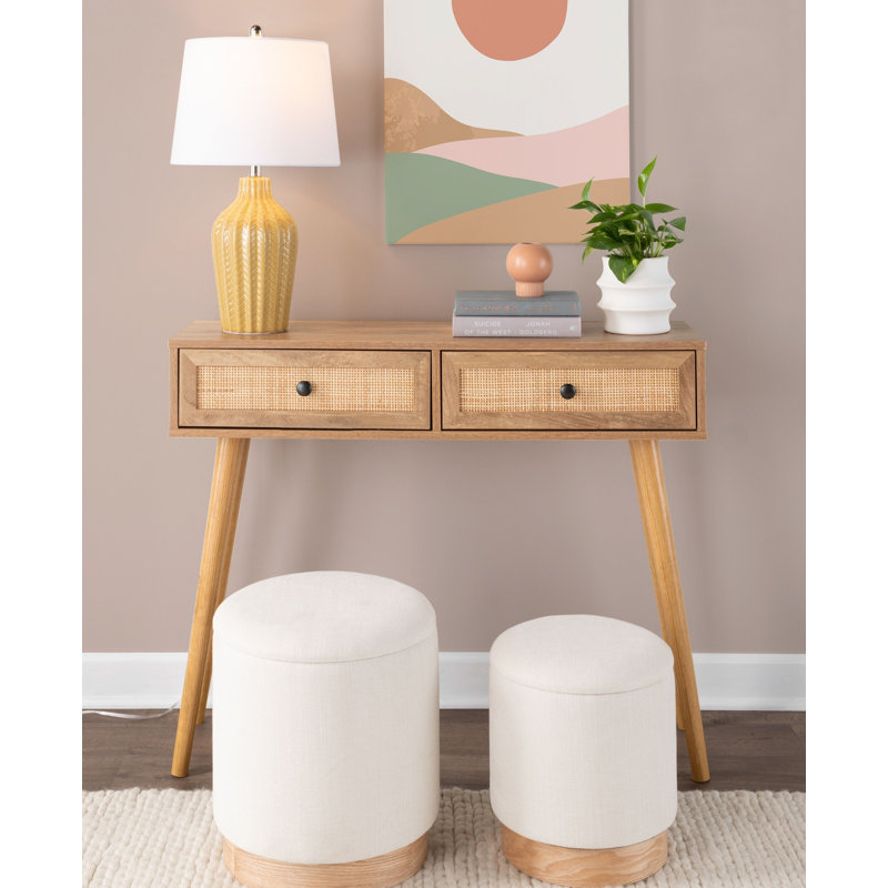  Callum Ottoman Set with Natural Wood Base, Cream Polyester Blend