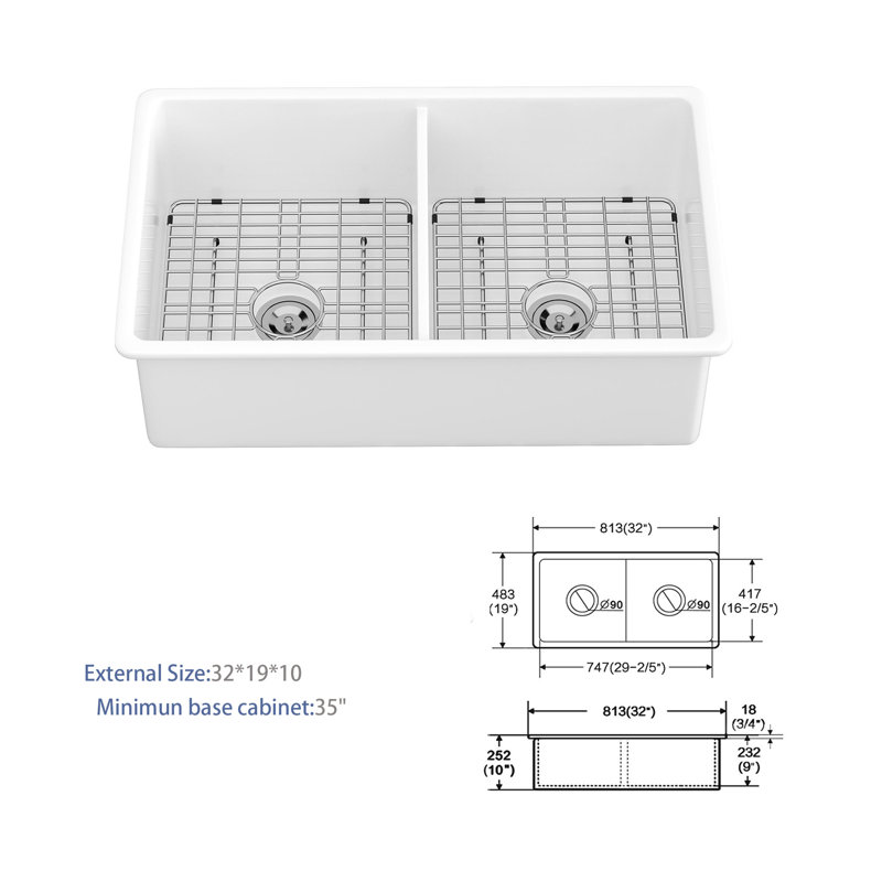 32" Undermount Double Bowl Ceramic Kitchen Sink - Dual Mount Ceramic Rectangular Deep Double Bowl Sink Basin