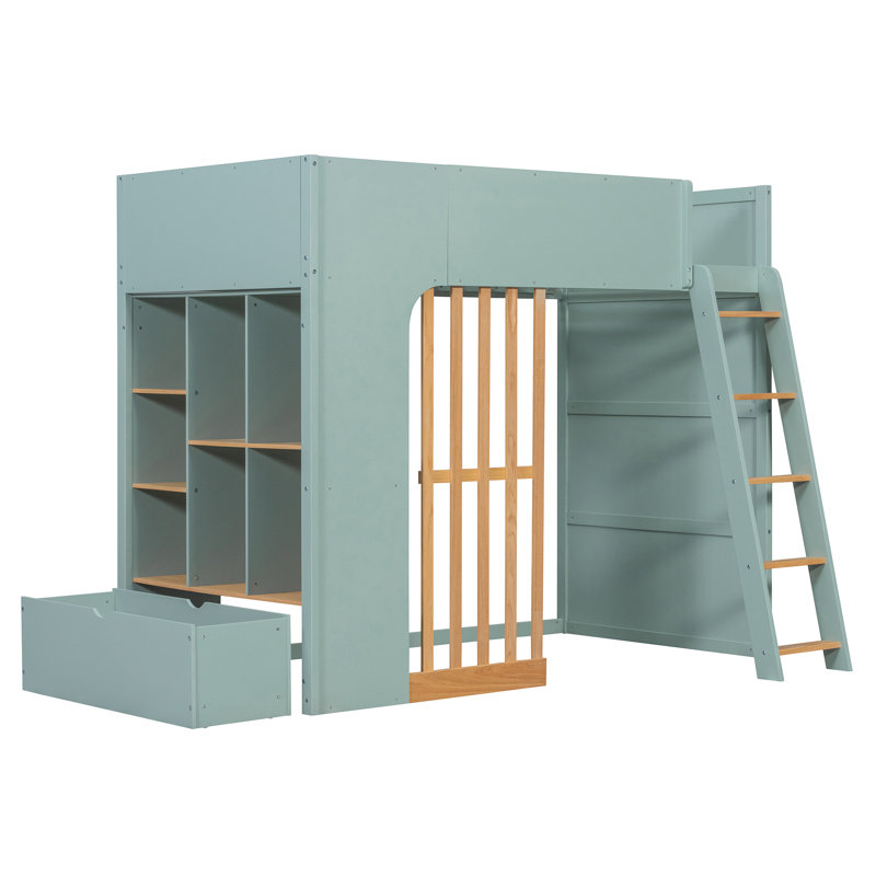Lit mezzanine en bois avec tablettes, tiroir, échelle et garde-corps, Lit simple, Vert menthe