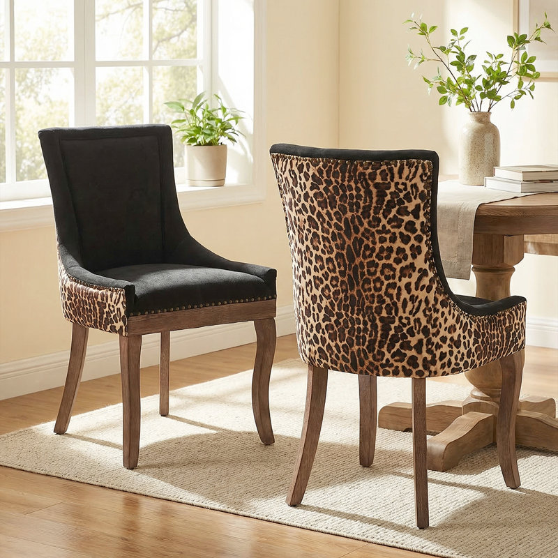 Chic Mid-Century Dining Chair Set(Set Of 2) - High Back Support, Solid Wood Frame, Bronze Accents, Black/Brown Animal Print