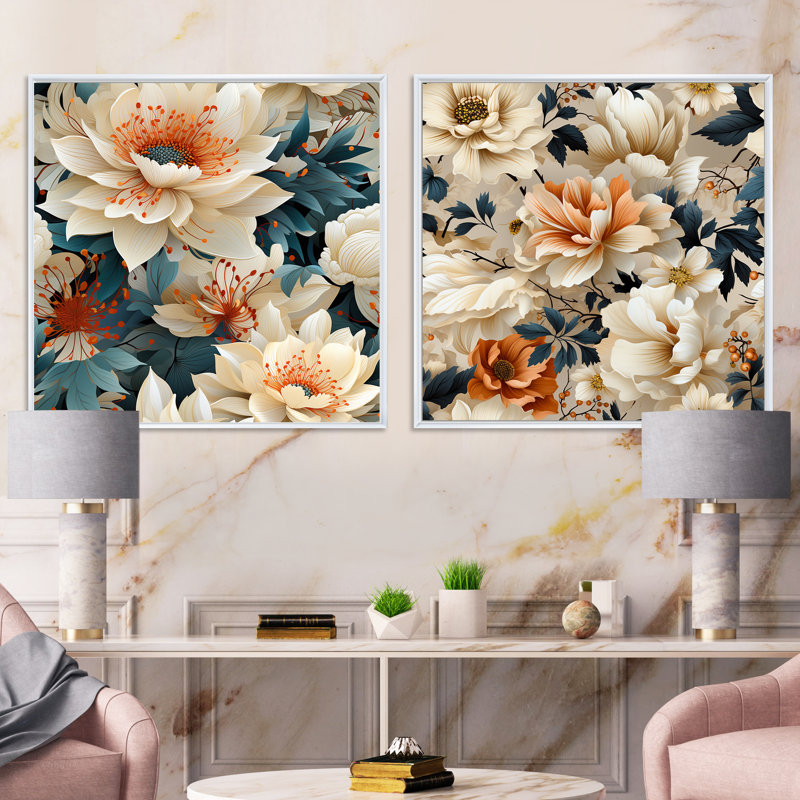 Brecon - Ensemble de 2 collages carrés floraux, Cadre flottant blanc, H 36 po x l 73 po