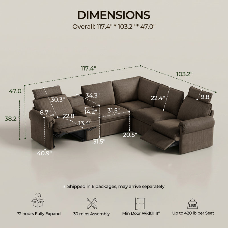 Canapé d'angle modulaire moderne en forme de L, 5 places, avec fauteuil inclinable électrique, siège d'angle et console, revêtement en velours côtelé, marron