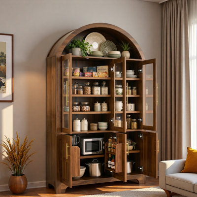 Garde-manger arqué avec portes en verre, tablettes arquées ouvertes, supports de rangement internes à 4 portes et tablettes réglables