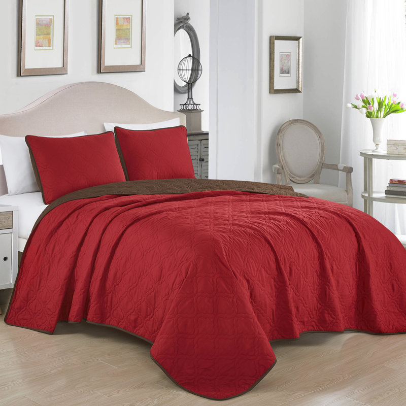 Ensemble de couvre-lit / couvre-lit réversible en microfibre rouge 3 pièces Elrad