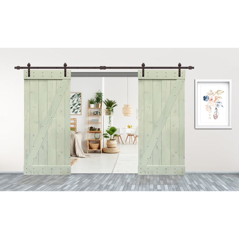 Porte de grange lambrissée peinte en bois et métal, 42 po x 84 po, Vert sauge