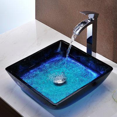 ANZZI Viace 15.13'' Blazing Blue Tempered Glass Square Bathroom Sink