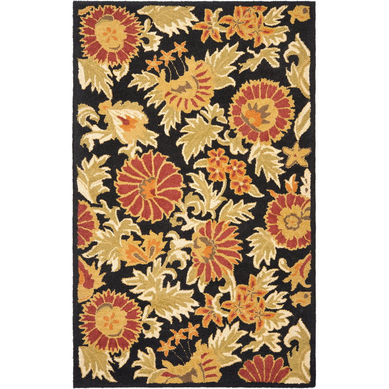 Emrick Blossom Hand Hooked Wool/Cotton/Latex Floral Rug in Black, Rectangle 3' x 5'
