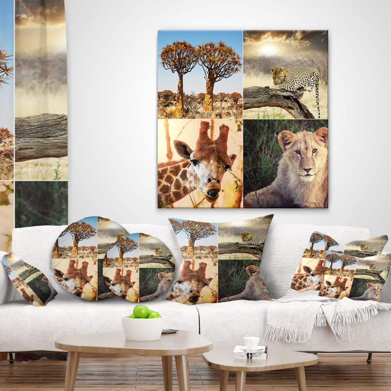 Coussin de collage paysager de la faune sauvage africain safari, 18 po x 18 po, Coussin décoratif