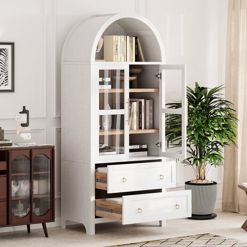 Armoire de rangement de 180 cm de haut au design arqué, couleur bicolore et glissières métalliques fluides pour un rangement silencieux et efficace. Portes vitrées supérieures modernes, pentures incluses. Solution d'aménagement intérieur sécuritaire et esthétique.