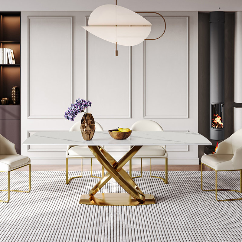 Modern Rectangular Sintered Stone Dining Table with Pedestal Base, White, 29.53"H x 62.99"L x 31.5"W