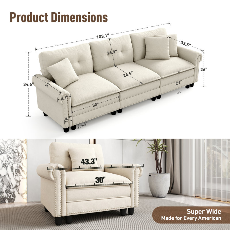 124" Modular Sectional Sofa With Nailhead Trim, Comfy Cloud Couch For Living Room, 3-seater Deep Seat Sofa With Throw Pillow