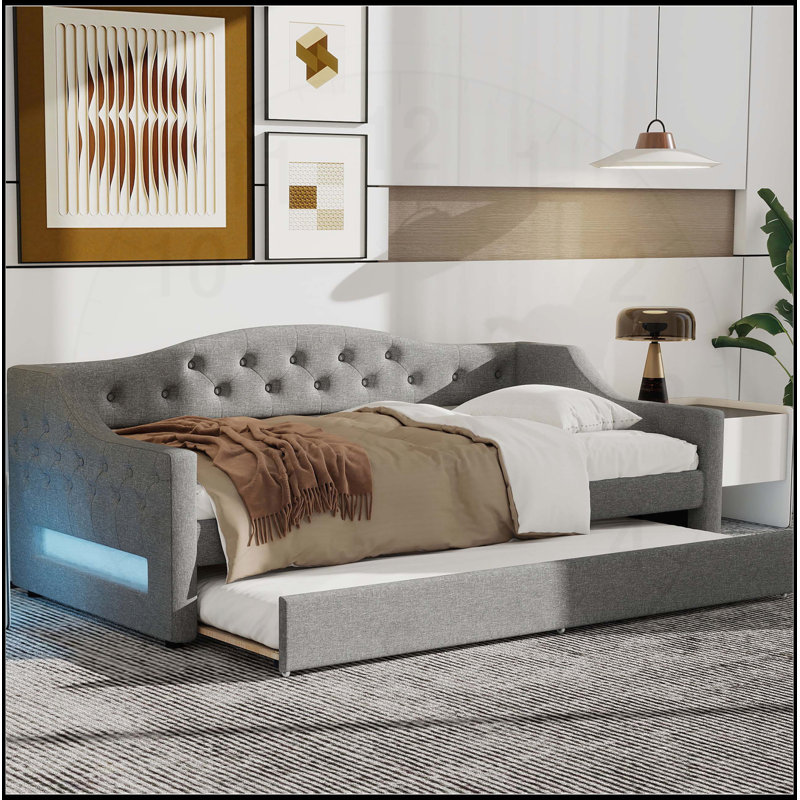 Upholstered Twin XL Daybed with LED Lighting and Trundle for Extra Sleeping Space, Gray