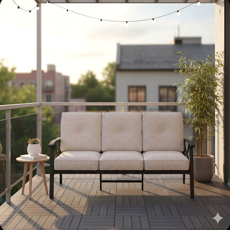 70 Inches All-Weather Metal 3-Seat Patio Sofa With Beige Cushions With Khaki Frame