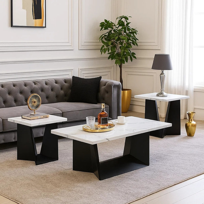 Ensemble de table basse et de table de bout 3 pièces Ady, plateau rectangulaire en faux marbre blanc, noir, Noir