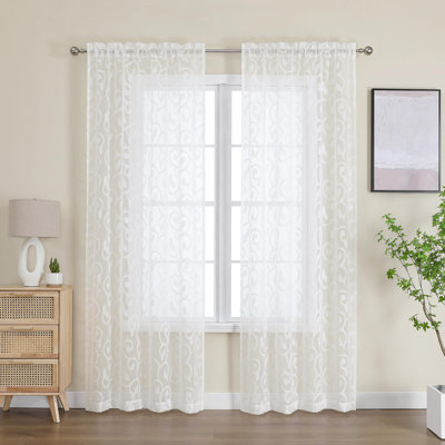 Ivory Sheer Curtains 84 Inches Long For Bedroom Living Room 2 Panels Set, Jacquard Clip Light Filtering Semi Sheer Curtain Rod Pocket Window Drapes, 2 Pcs Each 40 W 84 L