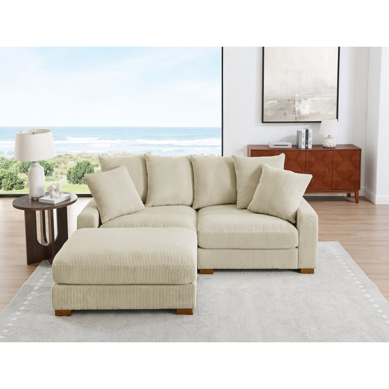 Canapé rembourré en velours côtelé avec pieds en bois massif, 3, Crème, H 34 po x l 86 po x P 67,5 po